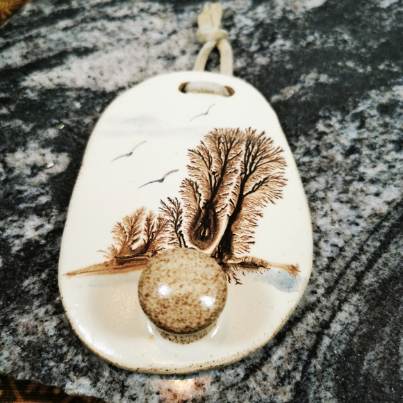 Vintage Irregular Oval Art Pottery Wall Hook with Trees and Birds in Flight - Picture 2 of 13